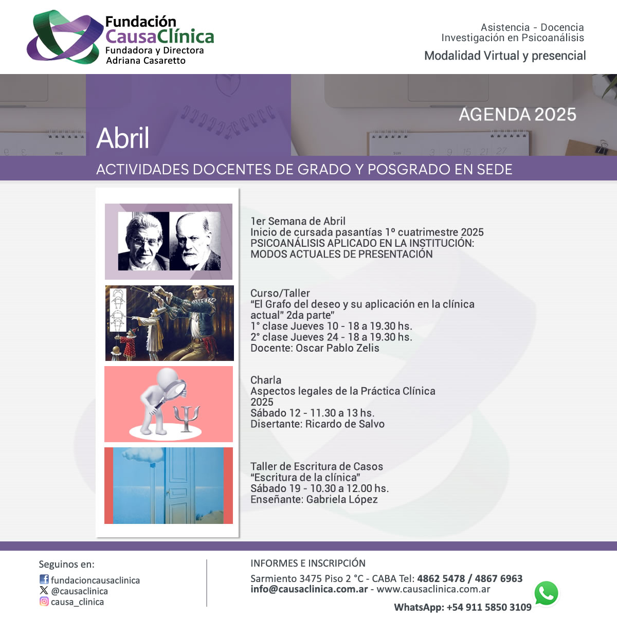 causaclinica's tweet photo. Agenda: Actividades durante Abril en Causa Clínica  #causaclinica #agendaabril25 https://t.co/Pxk4lQEgGk