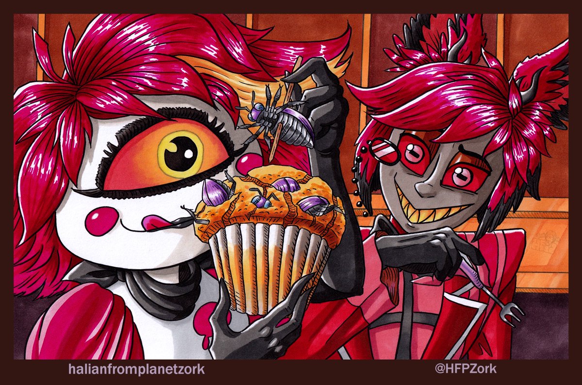#acealastorweek Cake Day.🧁
Niffty makes good use of all those bugs she caught in the Hotel. #HazbinHotel #HazbinHotelFanart #Alastor #Niffty <a href="/ACEAlastorWeek/">Asexual Alastor Appreciation</a>
