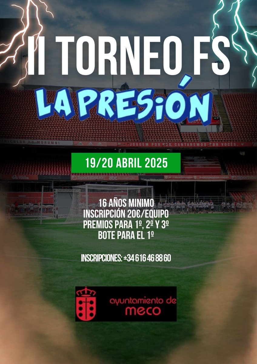 AytoMeco's tweet photo. La #peña La Presión organiza su II Torneo de #Fútbol Sala  en #Meco: https://t.co/ArYE2nEIHE https://t.co/1XTZd6nQLn