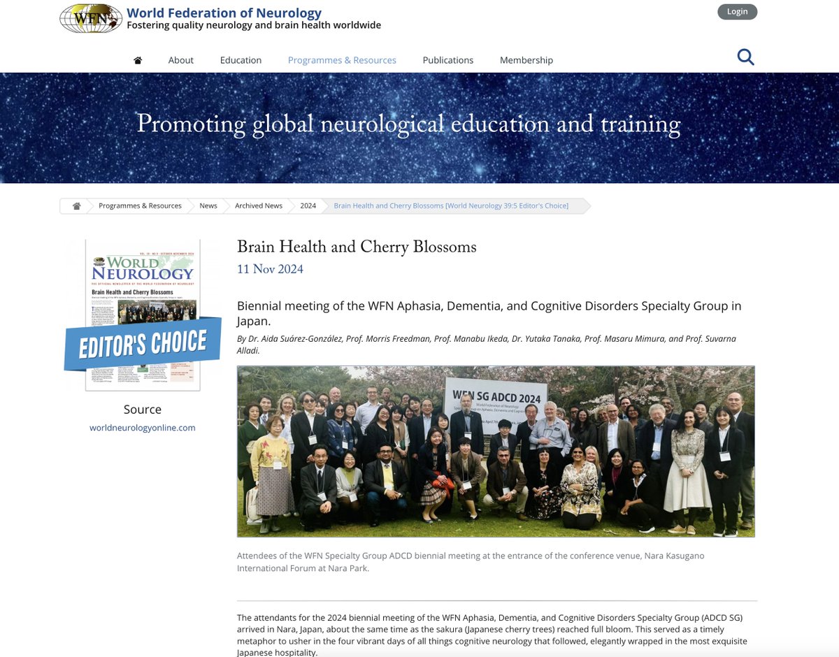 Dr Aida Suarez-Gonzalez (@aida_suarez_) on Twitter photo Just discovered our article on the WFN ADCD biennial meeting in Japan was chosen as World Neurology Editors’ Choice! 🥳 I love the group photo from the event, which now decorates a bookshelf in my home. <a href="/alladi_suvarna/">Suvarna Alladi</a> <a href="/UCLBrainScience/">UCL Brain Sciences</a>
Full article here: shorturl.at/yVWl8 Just discovered our article on the WFN ADCD biennial meeting in Japan was chosen as World Neurology Editors’ Choice! 🥳 I love the group photo from the event, which now decorates a bookshelf in my home. <a href="/alladi_suvarna/">Suvarna Alladi</a> <a href="/UCLBrainScience/">UCL Brain Sciences</a>
Full article here: shorturl.at/yVWl8