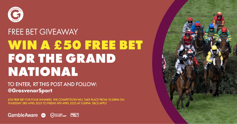 GrosvenorSport's tweet photo. FREE BET GIVEAWAY 🚨

Four of you lucky punters could have a £50 free bet for the Grand National. To win, simply:
 
➡️ Follow @GrosvenorSport

🔁 RT this post
 
Good luck! #AintreeFestival 

18+ | GambleAware