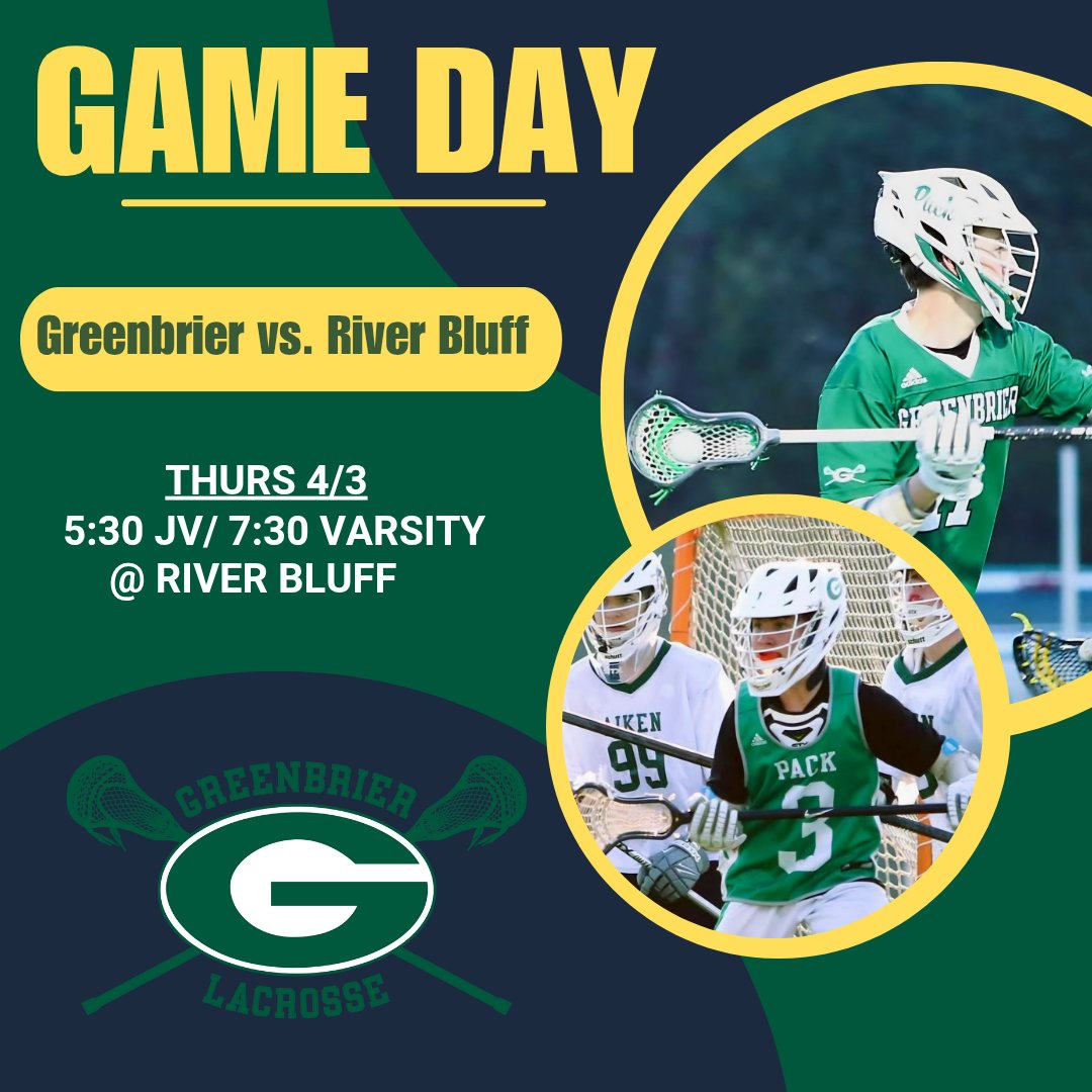 GAME DAY: Greenbrier vs. River Bluff
⏰️  5:30 JV/ 7:30 Varsity 
📍  River Bluff High School 
<a href="/OfficialGHSA/">GHSA</a> <a href="/CheneyAUG/">Will Cheney</a>