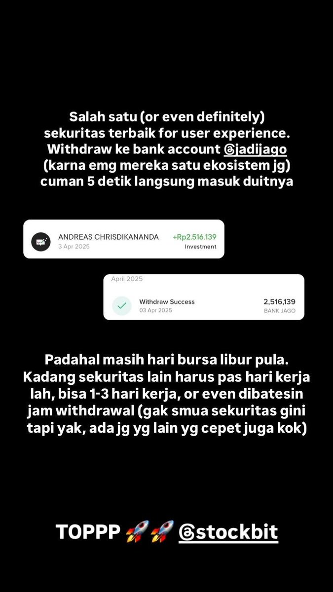 andreo_cr's tweet photo. Salah satu sekuritas paling toppp di Indonesia Raya
@stockbit, salah satunya yang bikin nyaman banget tuh kecepatan buat withdrawal nya. Kadang kalo withdrawal nya lama tuh suka mikir "ini duit gue diputer kemana dulu yak?" hahahahaa https://t.co/9u6ioJl6By