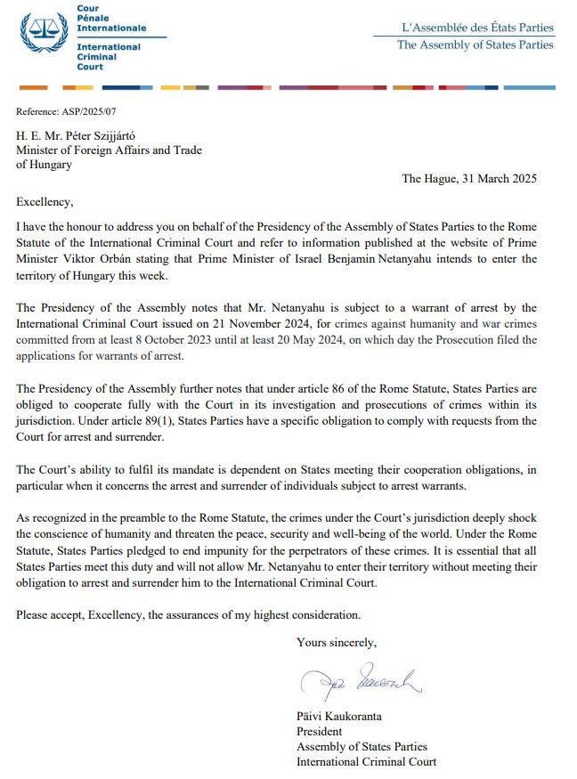 La Presidencia de la #AEP envió una carta el 31 de marzo al Ministerio de Asuntos Exteriores de #Hungría recordando las obligaciones del #EstatutoDeRoma de todos los Estados Partes de arrestar y entregar a cualquier persona sujeta a una orden de arresto de la #CPI.