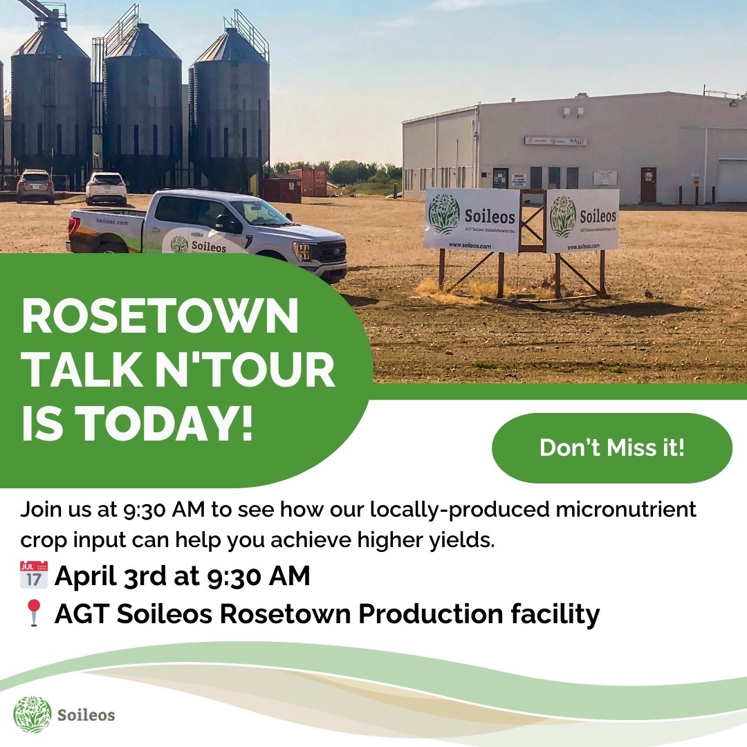 soileos's tweet image. It's Today! 🌾 Discover the power of Soileos at our Talk N'Tour in Rosetown! Join us at 9:30 AM to see how our locally-produced micronutrient crop input can help you achieve higher yields. AGT Soileos Rosetown Production Facility. Don't be late! #CropInput #Farming #Rosetown