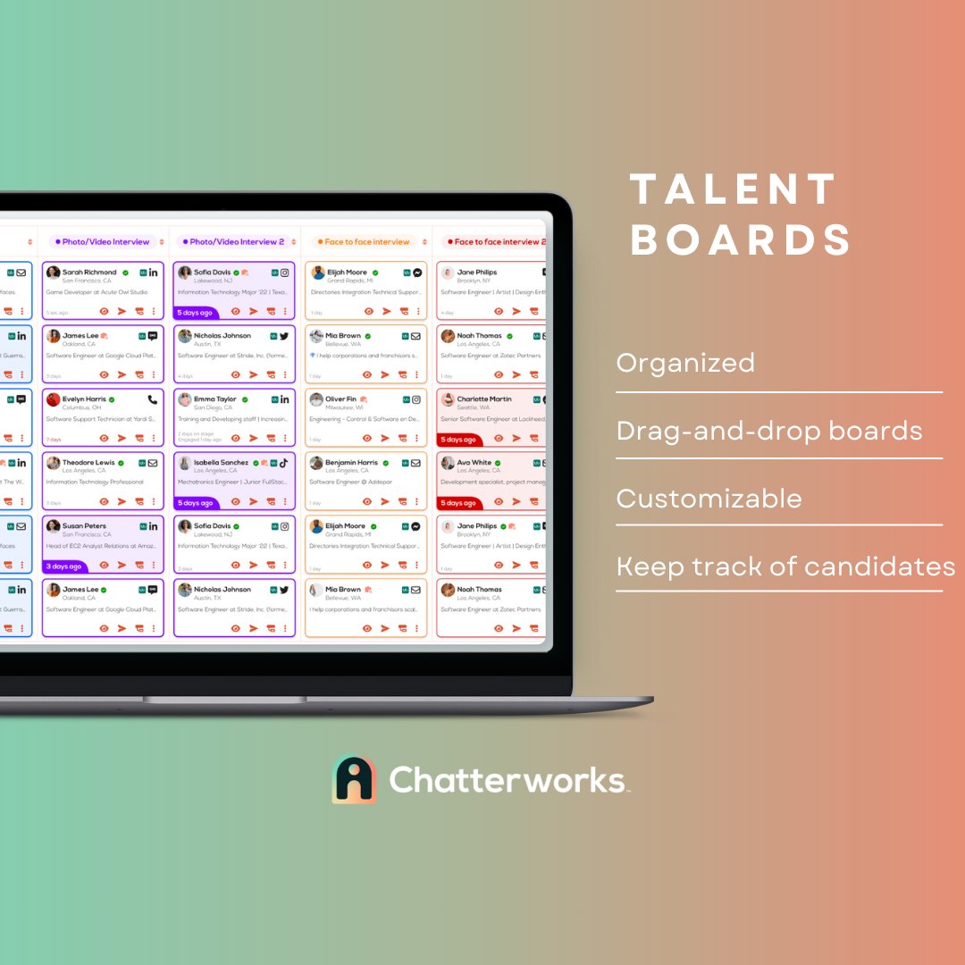 Presenting to you,  Talent Boards.

It’s our approach to streamlining the hiring pipeline.

Most recruiters have the challenges of maintaining clarity and organization amidst a multitude of candidates and stages.

Our Talent Boards visualize the hiring pipeline through
