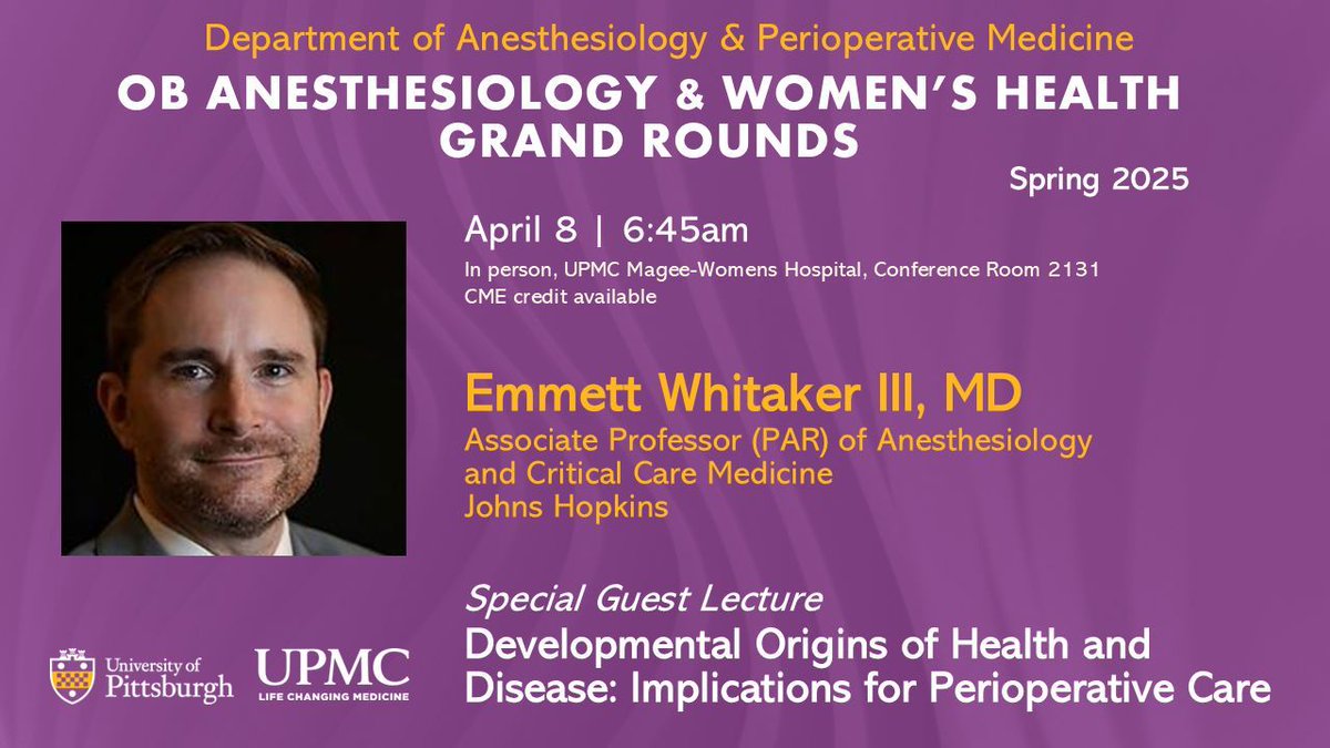 👩🏼‍🤝‍👩🏽 OB Anesthesiology &amp; Women's Health Grand Rounds on April 8 at 6:45 am. Dr. Emmett Whitaker will present "Developmental Origins of Health and Disease: Implications for Perioperative Care."

📅 Event details: buff.ly/4dREgzC