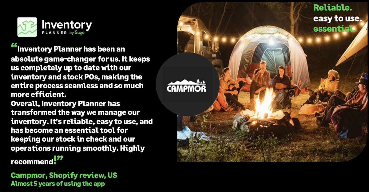 Inventory Planner has been a game-changer for Campmor, keeping their inventory and stock POs up to date, accurate, and efficient for nearly 5 years. 👇