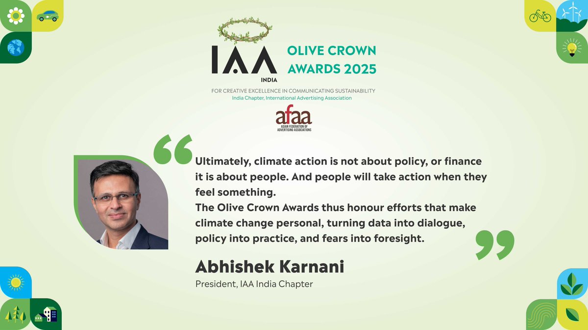Here’s what our President, Abhishek Karnani, has to say about the Olive Crown Awards 2025! 🌿💚

Climate action isn’t just about policies or finances, it’s about people and the power of emotions that drive real change.

#IAAOliveCrownAwards #SustainabilityInAdvertising
