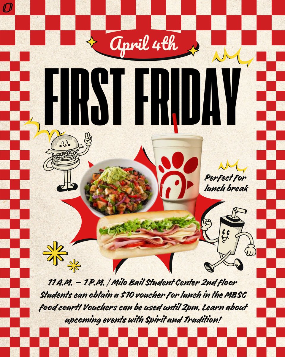 First Friday is back!  Friday, April 4th in Milo Bail!