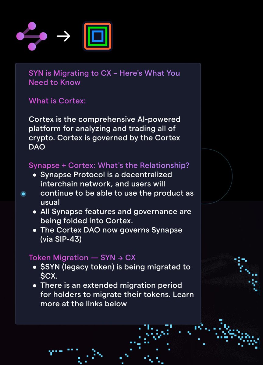 Synapse Migration Update ⏰ Synapse Protocol now lives under the Cortex DAO,  and the SYN token is being migrated to CX. Links for more information are  in the replies 👇