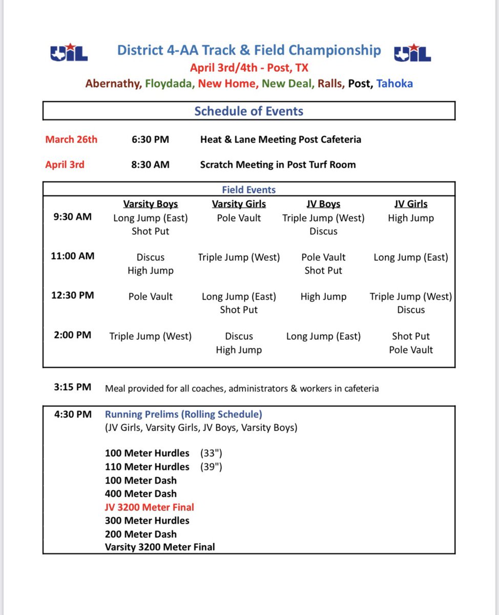 Day 1 of the District Track Meet in Post! Let’s compete!