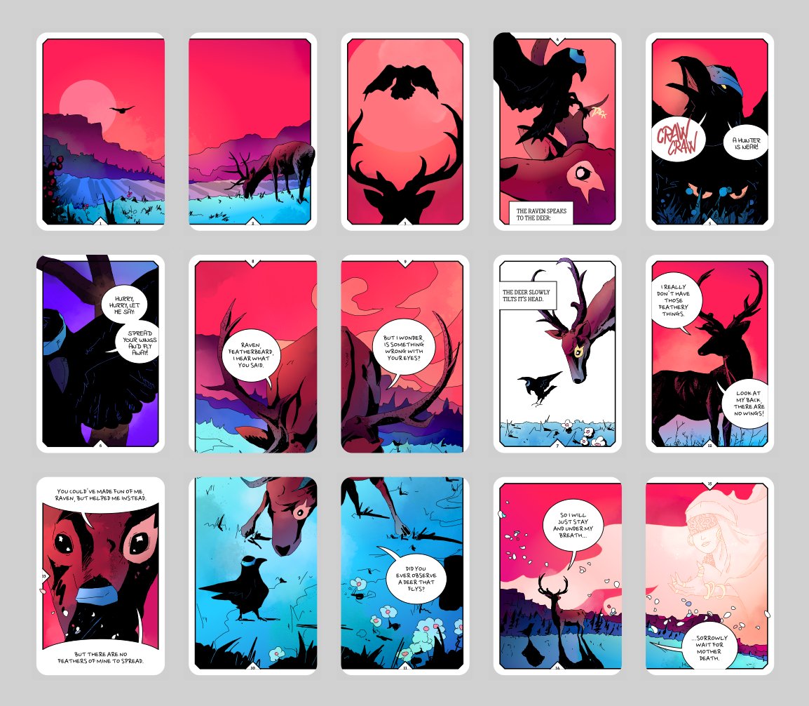Hey. 
We’ve been busy.

All artwork for WINGS is done, and I’m quite happy with all these magenta/cyan pieces. 

Can’t wait to see them printed, but it’s another long way to get there. 

Next up will be lots of game-development &amp; testing.
Stick around.

#cards #gamedev
