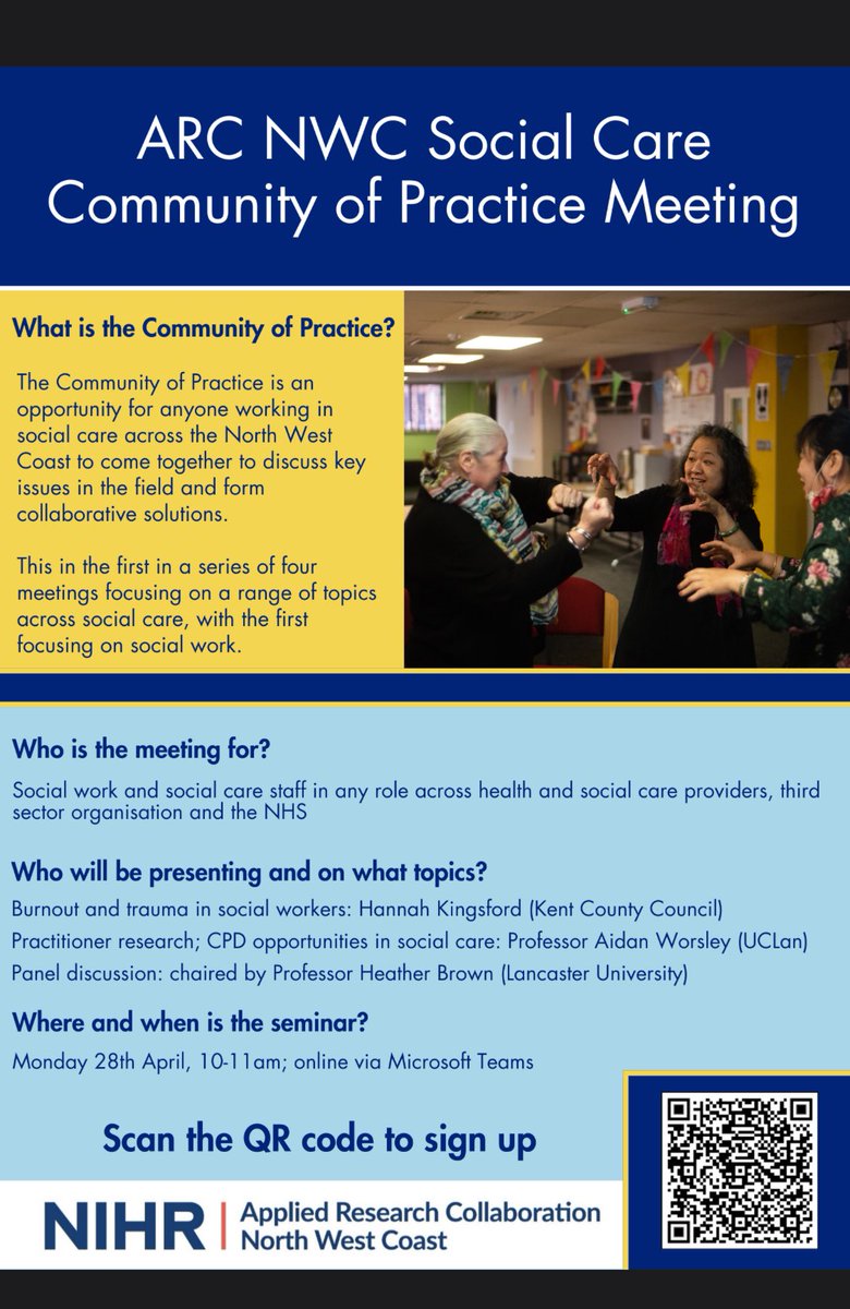 Dr DanielleChristian (@d_l_christian) on Twitter photo NEW <a href="/arc_nwc/">ARC North West Coast</a> #SocialCare #CommunityOfPractice
Presentations from:
<a href="/HannahK_92/">Hannah Kingsford</a> on #burnout in #socialworkers
Prof. Aidan Worsley on CPD in Social Care
Followed by discussion chaired by Prof. Heather Brown
Mon 28th April 10-11am
Sign up via Eventbrite:
tinyurl.com/yck5txvp NEW <a href="/arc_nwc/">ARC North West Coast</a> #SocialCare #CommunityOfPractice
Presentations from:
<a href="/HannahK_92/">Hannah Kingsford</a> on #burnout in #socialworkers
Prof. Aidan Worsley on CPD in Social Care
Followed by discussion chaired by Prof. Heather Brown
Mon 28th April 10-11am
Sign up via Eventbrite:
tinyurl.com/yck5txvp