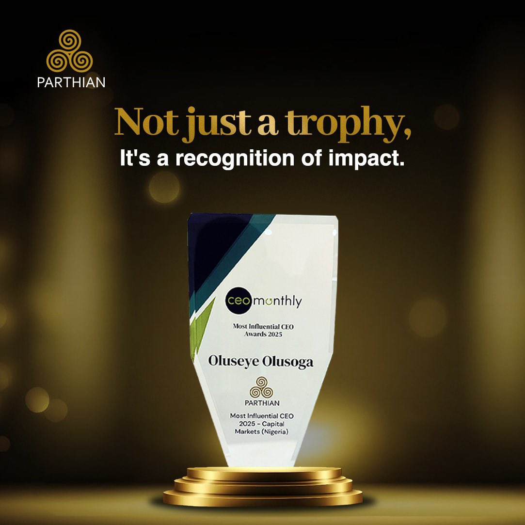 Driving change in the capital markets. Proud to see our CEO, Oluseye Olusoga, recognized as Most Influential CEO 2025 (Nigeria) by CEO Monthly. This award reflects Parthian's commitment to innovation and excellence. 

#FinancialLeadership #Innovation #ParthianGroup #CapitalMarket