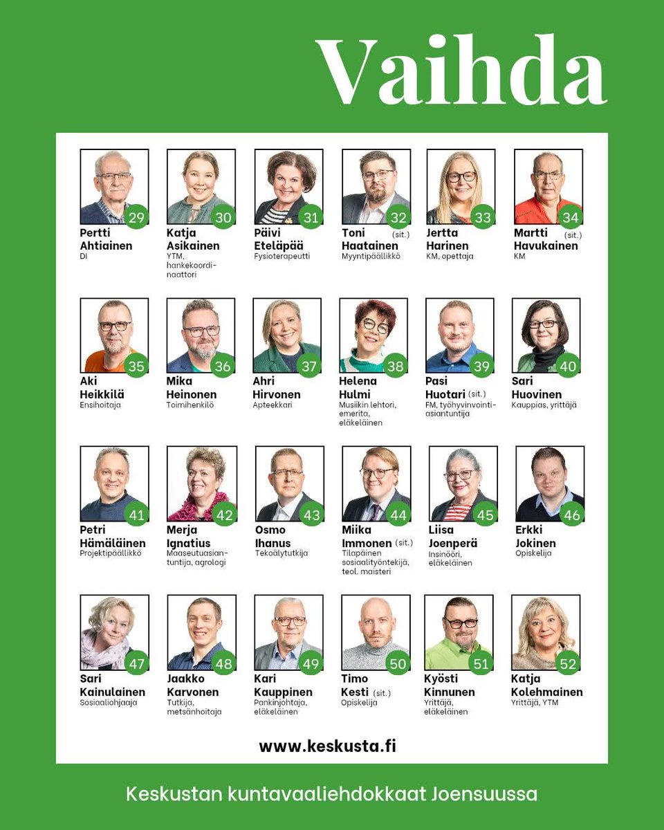 markokoskelo's tweet photo. 🍀 Vaihda Keskelle. Joensuun Keskustan kuntavaaliehdokkaita voit äänestää numeroilla 29-99!

🎯 Tutustu ehdokkaisiin osoitteessa: https://t.co/Xc7yUnSi5H

#kuntavaalit #kuntavaalit2025 #joensuu #pohjoiskarjala #itäsuomi #keskusta #suomenkeskusta #äänestä #vaikuta https://t.co/1uGTLPtrou