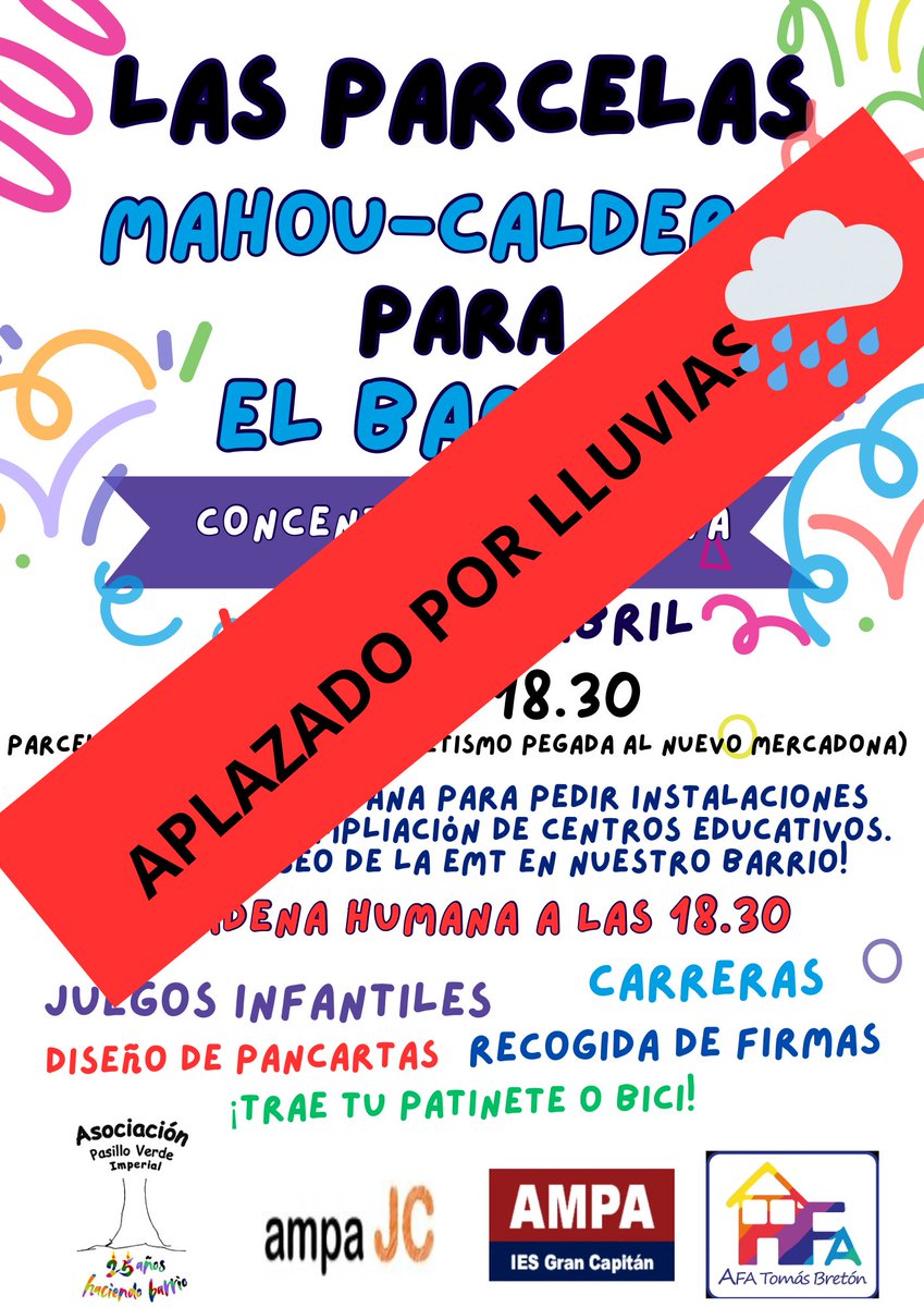 🚨🌧️Se pospone la concentración del viernes 4 abril por mal tiempo. Se avisará de nueva fecha en breve 🌧️🚨