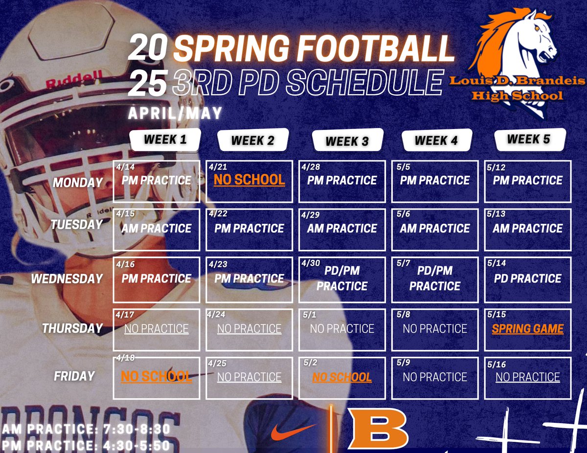 We are right around the corner from the start of Spring Football. College Coaches come check out our Broncos! #BTheBrand <a href="/NISDBrandeis/">Brandeis High School</a> <a href="/NISD_Athletics/">NISD_Athletics</a> <a href="/NISDStinson/">Stinson MS NISD</a> <a href="/NISDGarcia/">Dr. Hector P. Garcia MS</a> <a href="/SaBrandeis/">Broncos Country 🐎</a> <a href="/BroncosBrandeis/">Brandeis Broncos Athletic Booster Club</a> <a href="/BroncoSptsMed/">Brandeis Sports Medicine</a> <a href="/danaperry73/">Dana Gilbert-Perry</a> <a href="/tweissler1/">Travis Weissler</a>