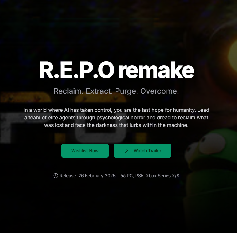 REPORemake's tweet image. AI took over. Humanity panicked. We sent in the R.E.P.O agents.

The REPO Remake is out now. Psychological horror, corrupted machines, and way too many dark hallways.
Good luck in there. You’ll need it.
#REPOGame #HorrorGaming