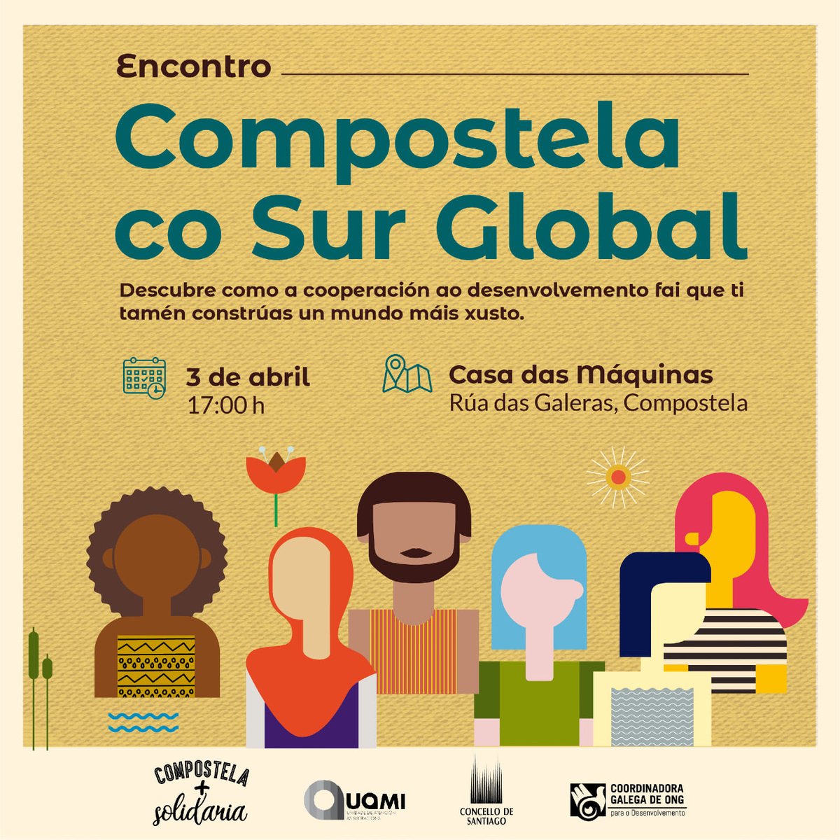 A compostelá Casa das Máquinas ábrese o xoves 3 de abril para acoller #CompostelaCoSurGlobal. Un encontro que nace da colaboración entre o <a href="/PazodeRaxoi/">Concello de Santiago</a>, a través da súa Concellería de Dereitos Sociais, e a Coordinadora Galega ONGD. galiciasolidaria.org/descubrimos-os… #CompostelaMáisSolidaria