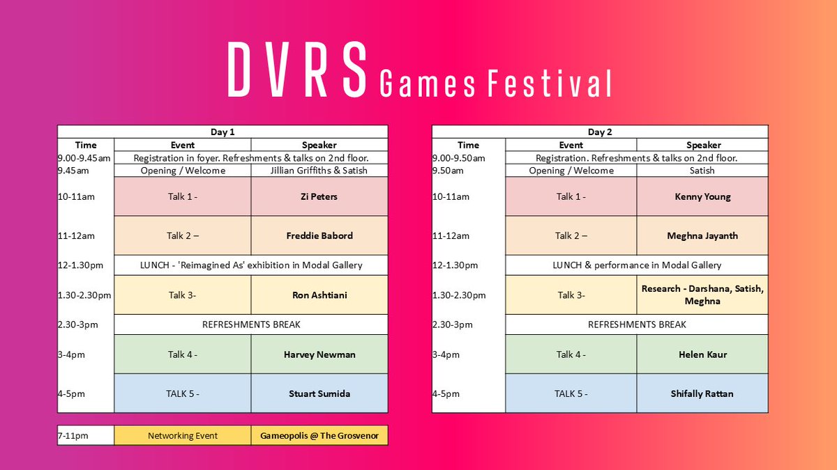 The schedule for next week’s DVRS Games Festival is announced. 
Livestream link should follow closer to the time.