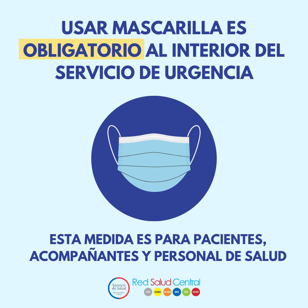 ¡Recuerda que desde el 15 de abril, la mascarilla es OBLIGATORIA al interior del servicio de urgencia! 🚨

Su correcto uso es cubriendo nariz, boca y mentón✅

Además, se recomienda su uso a enfermos crónicos, o a personas con síntomas respiratorios 😷

#TodosPorLaVacunación