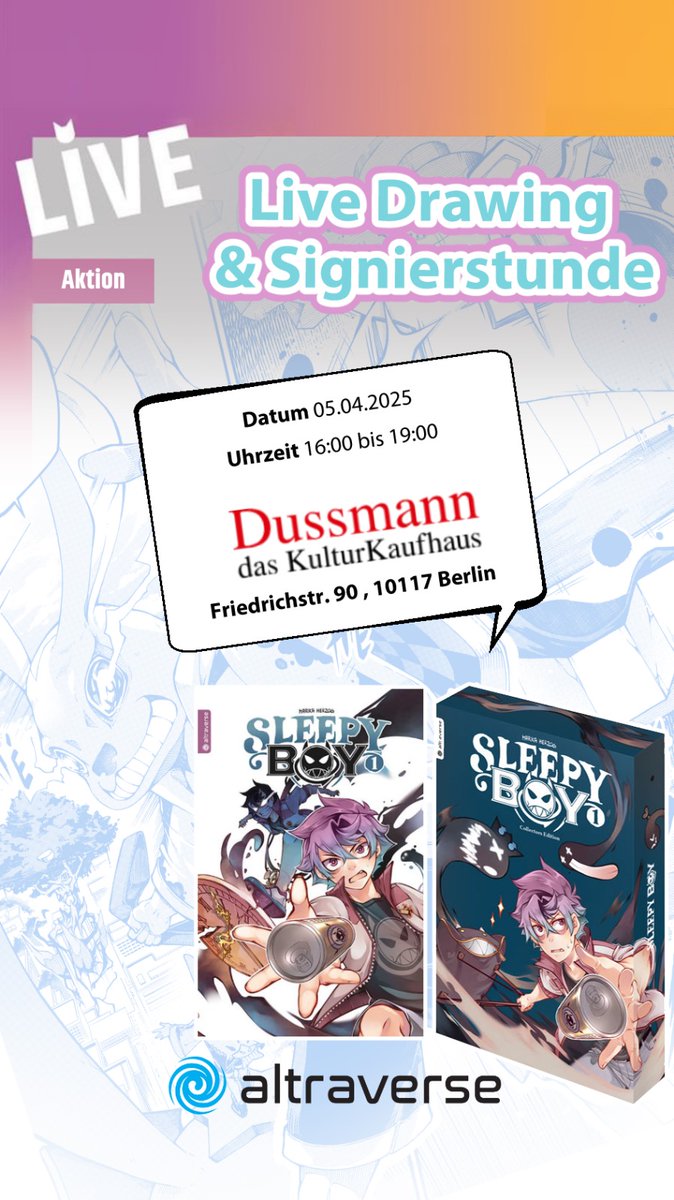 🇺🇸
PS: I have a small event this Saturday, April 5th, at the Kulturkaufhaus DUSSMANN in Berlin. ♥  (๑>ᴗ<๑)✨✨

Incl. live drawing, Q&amp;A and signing session. 
Would be mega happy about your visit ✧٩(•́⌄•́๑)

🇩🇪
PS: ich habe diesen Samstag am 5.April ein kleines Event im