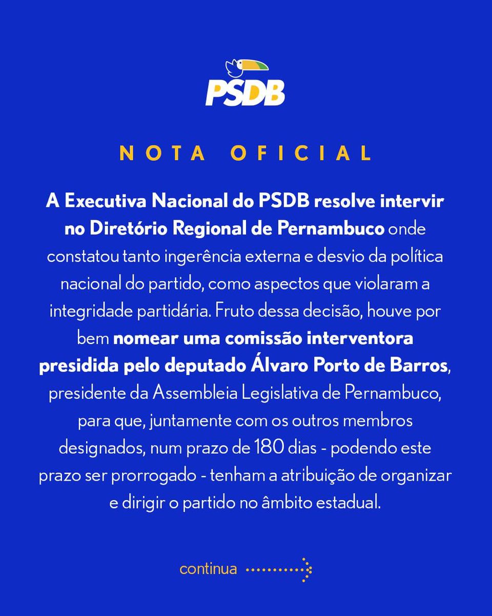 PSDB45PE's tweet photo. A Executiva Nacional do PSDB decidiu intervir no Diretório Regional de Pernambuco e criou uma Comissão Interventora presidida pelo deputado Álvaro Porto, com a missão de reorganizar o partido no estado. #PSDBPE https://t.co/TdirtWOyfX
