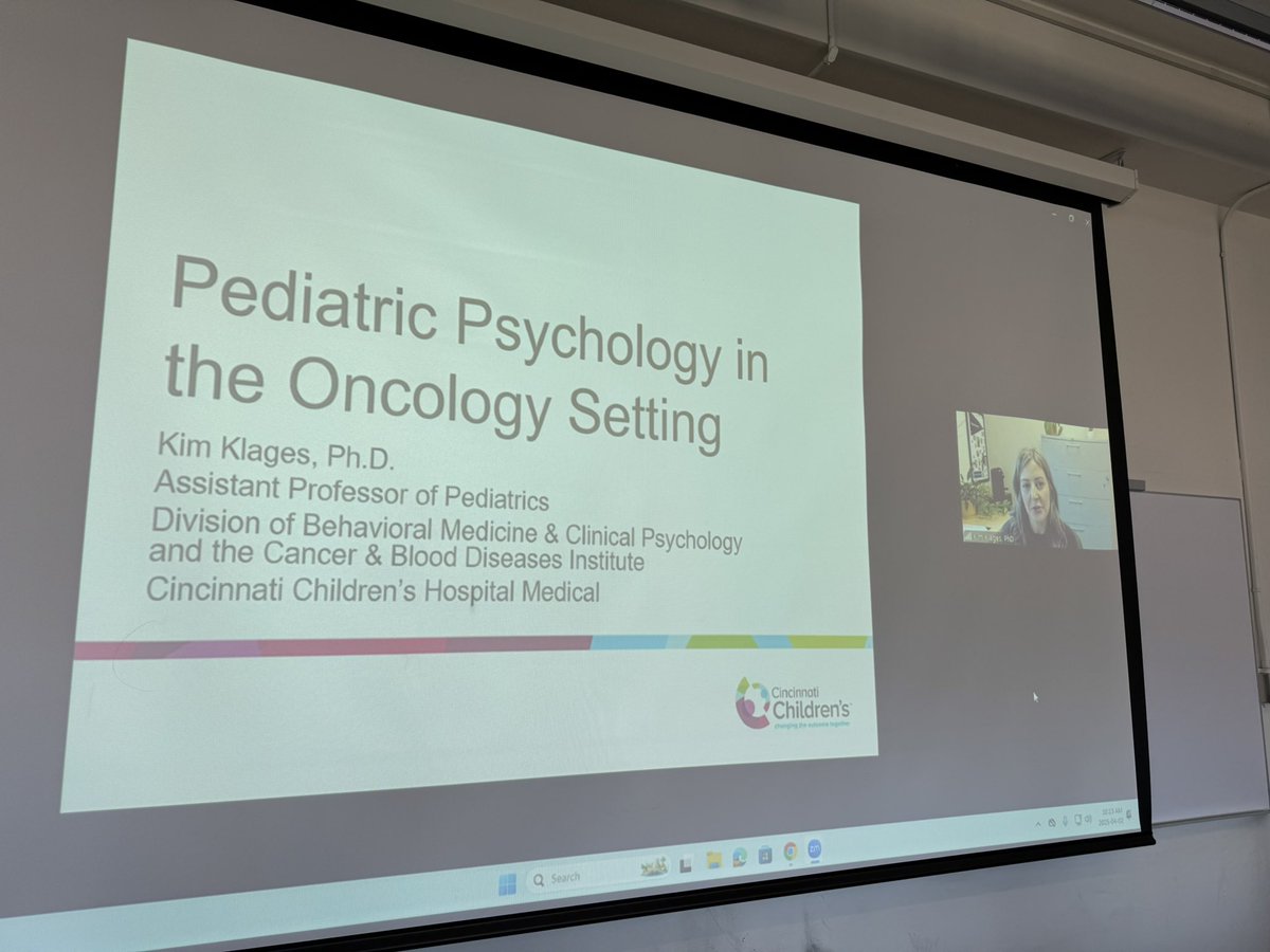 Dr. Nicole Alberts (@nalbertsphd) on Twitter photo Another fantastic guest lecture in our advanced clinical health psychology seminar yesterday - this time from Dr. <a href="/KimKlages/">Kim Klages, Ph.D.</a> at <a href="/CincyChildrens/">Cincinnati Children's</a>, who discussed the critical role of pediatric psychologists during childhood cancer treatment.
Thank you, Kim! Another fantastic guest lecture in our advanced clinical health psychology seminar yesterday - this time from Dr. <a href="/KimKlages/">Kim Klages, Ph.D.</a> at <a href="/CincyChildrens/">Cincinnati Children's</a>, who discussed the critical role of pediatric psychologists during childhood cancer treatment.
Thank you, Kim!