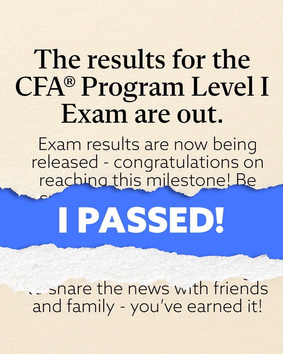 CFA Institute (@cfainstitute) on Twitter photo Congratulations on passing your <a href="/CFAProgram/">CFA Program</a> Level I exam!
Share this post and tell the world about your amazing achievement.
If you donโt have your results yet, check your email or click here for direct access: cfainst.is/4iW9LeZ Congratulations on passing your <a href="/CFAProgram/">CFA Program</a> Level I exam!
Share this post and tell the world about your amazing achievement.
If you donโt have your results yet, check your email or click here for direct access: cfainst.is/4iW9LeZ
