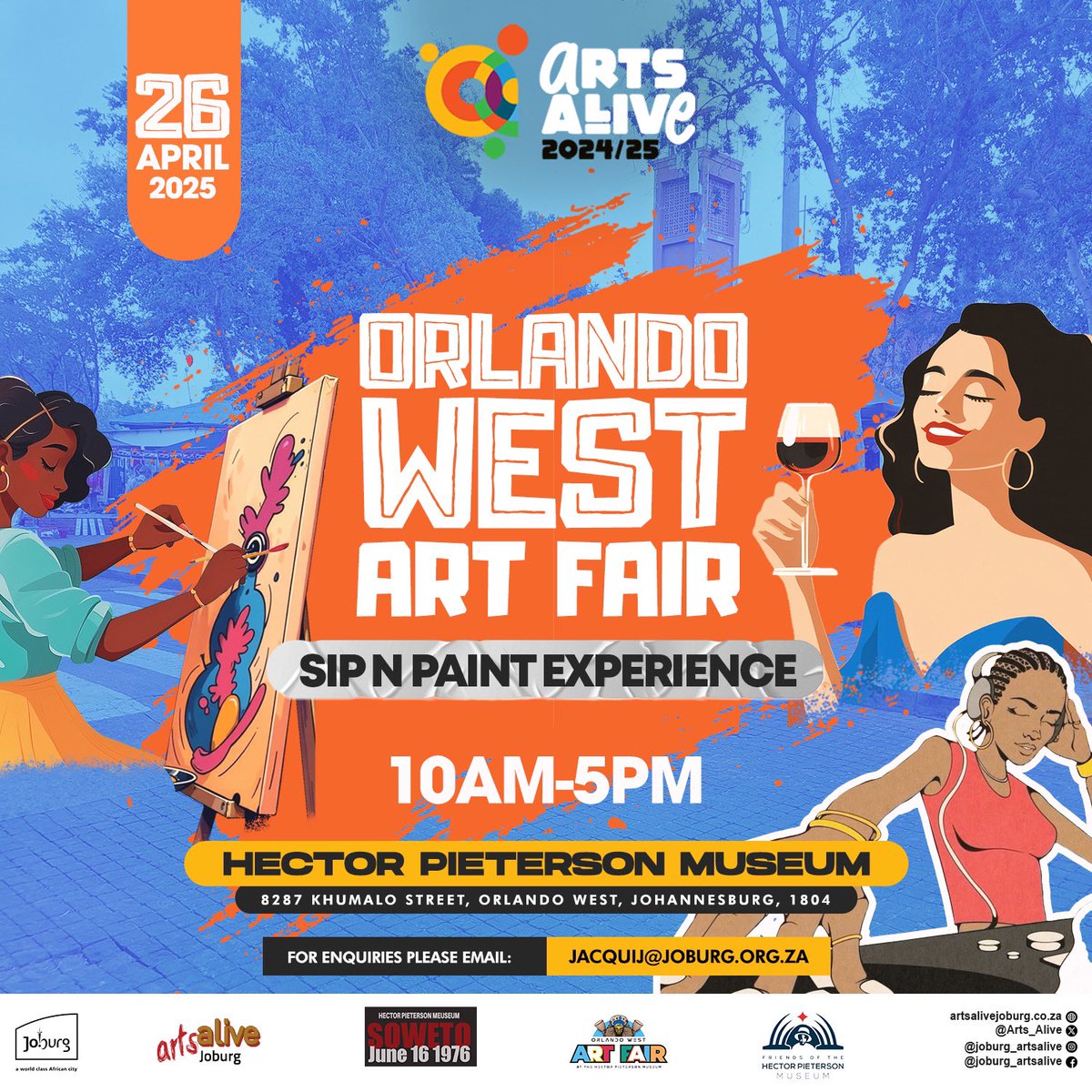 [ORLANDO WEST ART FAIR] Sip &amp; Paint  Experience!

📅 Date: Saturday, April 26, 2025
⏰ Time: 10 AM – 5 PM
📍 Venue: Hector Pieterson Museum, Orlando West
🎟️ Tickets: From R200 – Available now on Quicket! (quicket.co.za/events/309478-…)

#JoburgCulture #ArtsAliveJoburg #ArtsAlive2025