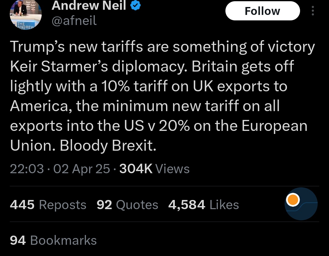 Iainsross's tweet photo. Touting a completely unforeseen act that impacts us slightly less than other countries (in the abstract, I suspect the reality is different given that a tariff will likely mean exports drop which will have a negative economic impact) as a Brexit plus is beyond idiotic. https://t.co/3do8vyyaQF