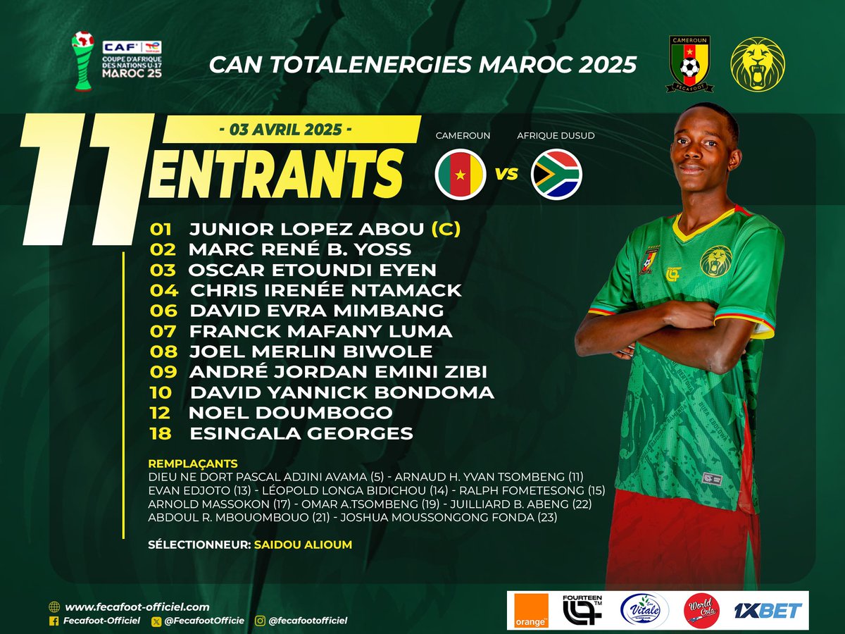 LIndomptables's tweet photo. โฝ๏ธ๐ฅ #MATCHDAY
Le XI entrant des #LionsU17
#CAMEROUN ๐จ๐ฒ ๐ ๐ฟ๐ฆ #AFRIQUE DU SUD
๐
03/04/2025
โฐ 15H00
๐๏ธ Stade El Arbi Zaouli
๐ Casablanca - Maroc
#CANTOTALENERGIESU17 | #DAY2 | #CMRAFS | #LETSROOARTOGETHER |
#MAROC2025 | #GOLIONS |
#ALLEZLESLIONS https://t.co/9syA6U0Pa1