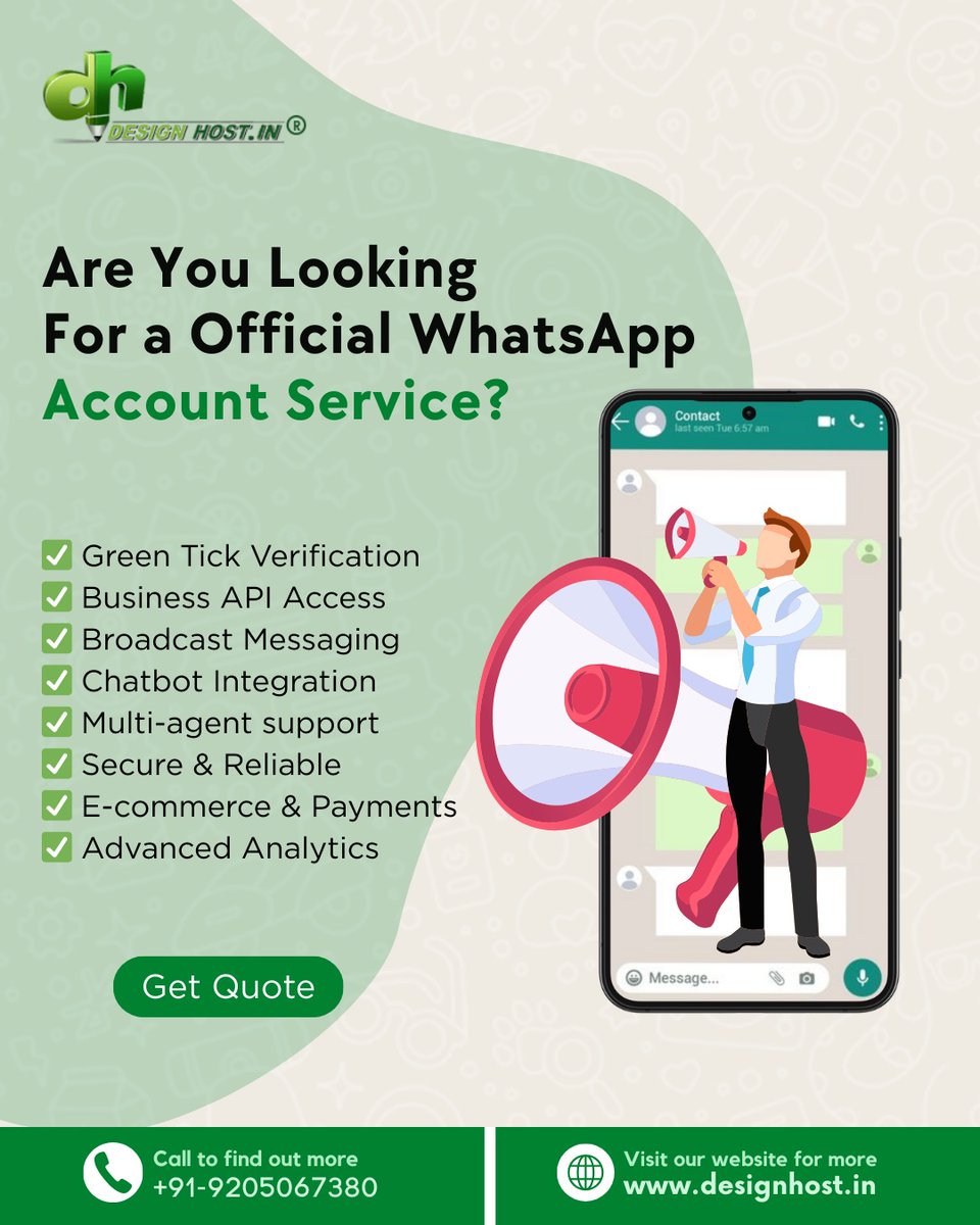 Designhost01's tweet image. Want to take your business to the next level with an Official WhatsApp Account? 🚀
✅ Green Tick Verification
✅ Business API Access
✅ Broadcast Messaging & Chatbots
✅ Secure, Reliable & Multi-Agent Support
#WhatsAppBusiness #GreenTickVerification #BusinessAPI