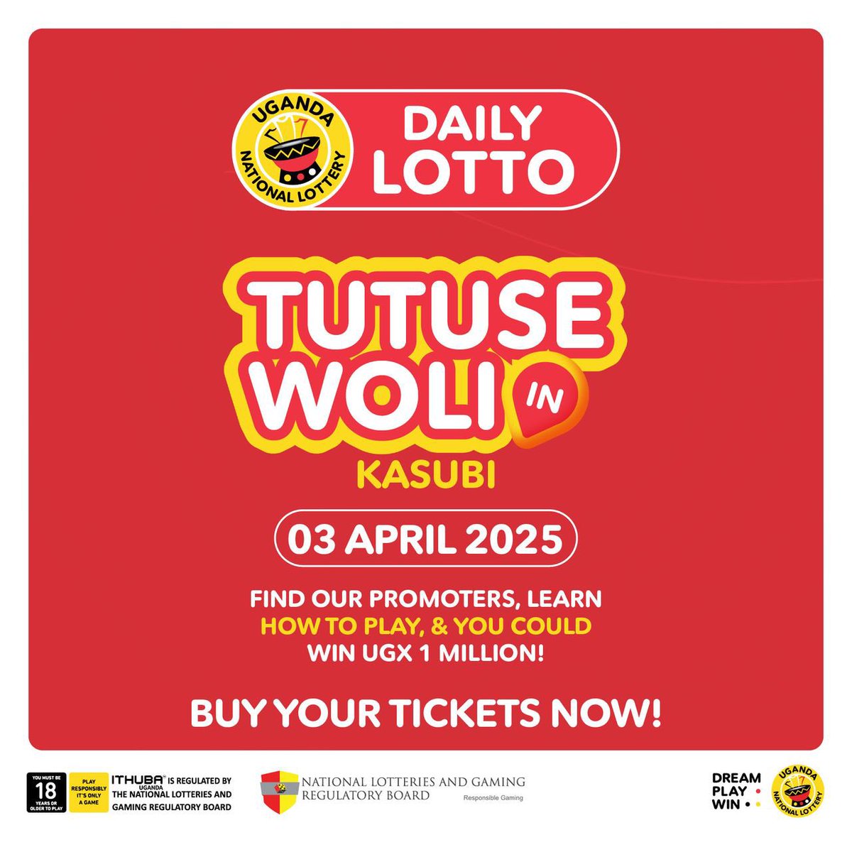 iamprimus1's tweet photo. Hello #Nankulabye and #Kasubi! We’ve arrived.
This is your moment to discover how to play for millions and win amazing prizes. Our team is out and about in your neighborhoods—don’t miss the excitement!
#DreamPlayWin
#UgandaNationalLottery https://t.co/AszALkN7Zk