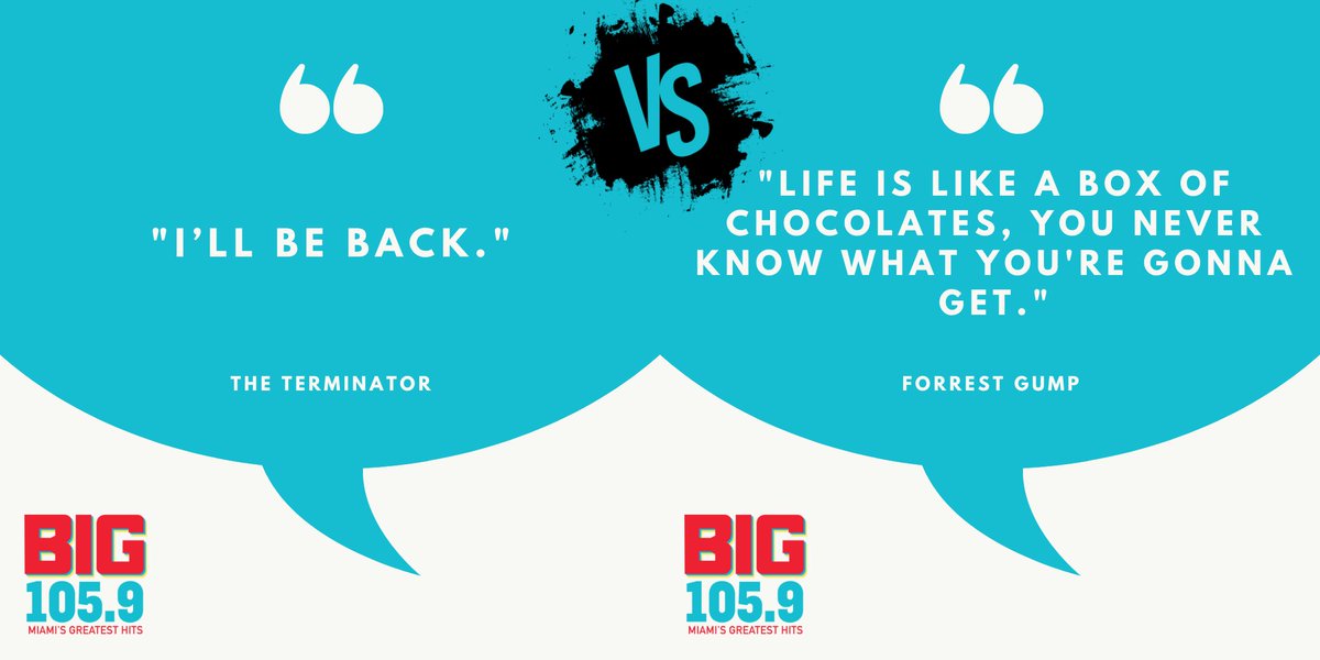 The Ultimate Movie Quote Matchup - The Semi-Finals!  

Yesterday, Star Wars defeated Scarface and moves on to the FINALS!       

Today's matchup: The Terminator vs Forrest Gump

Use this thread to vote 👇 
bit.ly/41Y89LJ