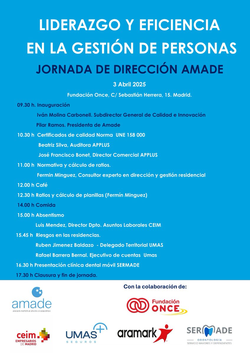 Hoy estamos celebramos la jornada "Liderazgo y eficiencia en la gestión de personas", dirigida a los equipos directivos de nuestros centros asociados.
 📍 Fundación ONCE, Madrid. <a href="/Fundacion_ONCE/">Fundación ONCE</a> 
#LiderazgoAMADE #GestiónDePersonas