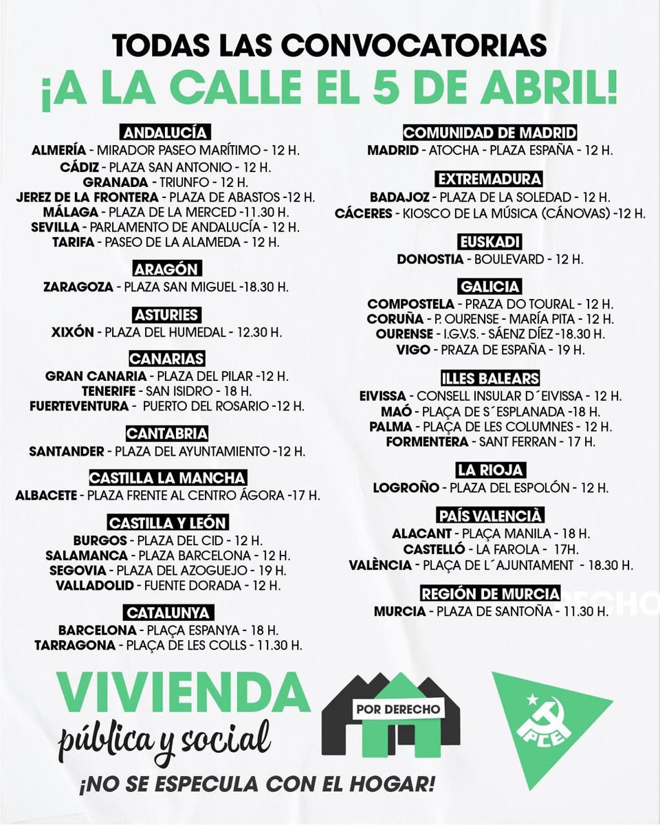 europeanleft's tweet photo. This weekend, April 5-6, major demonstrations will take place in Spain & Belgium for the #RightToHousing. We support and stand in solidarity with the fight for affordable housing & decent living conditions! Housing is not a privilege, it’s a right! Public funds should go to sustainable housing, not weapons!
#ELHousingCampaign #HousingForAllEU #StopHousingCrisis #homesnotprofit
@ptbbelgique 
@pvdabelgie 
@elpce 
@IzquierdaUnida 
@EUiA_cat