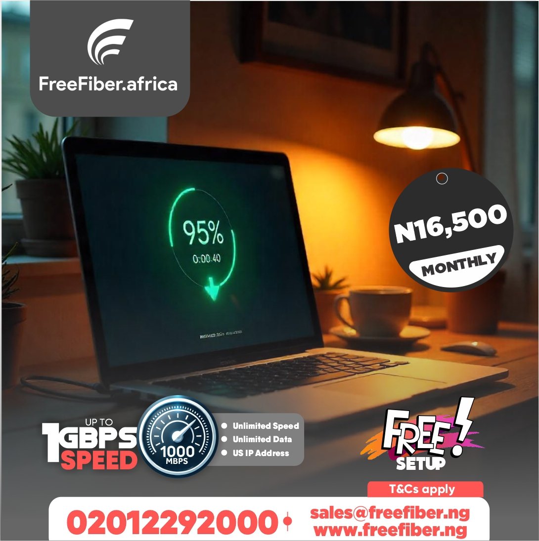 freefiberafrica's tweet photo. Why FreeFiber? ⚡ Reliable, fast &amp; affordable internet!

Connect everything—no slowdowns.

Stream in 8K, game lag-free with 1 Gbps.

Work seamlessly from home.

Get FreeFiber for N16,500/month
📞 0201229200 | ✉️ sales@freefiber.ng 🚀

#FreeFiberAfrica #DigitalAfrica https://t.co/3lU7AmHOX0