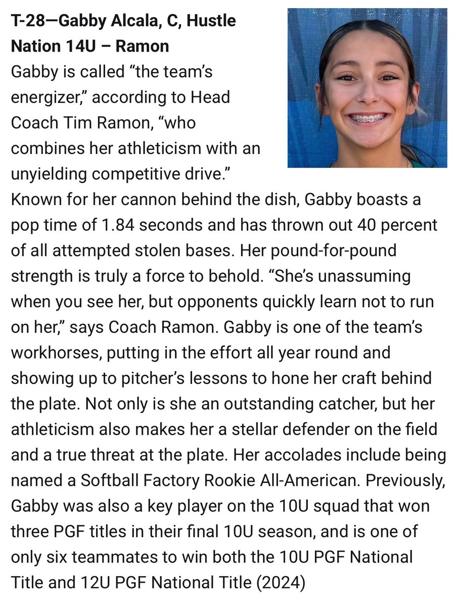 Hustle Nation Ramon 14U (@14uhustlenation) on Twitter photo Congratulations to <a href="/GabbyAlcala2029/">Gabriella Alcala 2029</a> for ranking #28 in the Class of 2029 Line Drive Hot 100!
<a href="/LineDsoftball/">Line Drive Media</a> <a href="/los_stuff/">Carlos Arias</a> <a href="/HustleNationFP/">Hustle Nation Fastpitch</a> <a href="/TimRamonHNF/">Tim Ramon</a> <a href="/ExtraInningSB/">EXTRA INNING SOFTBALL</a> <a href="/LegacyLegendsS1/">Legacy & Legends Softball</a> <a href="/D1Softball/">D1Softball</a> <a href="/TGETalent/">Top Gun Events-Talent</a> Congratulations to <a href="/GabbyAlcala2029/">Gabriella Alcala 2029</a> for ranking #28 in the Class of 2029 Line Drive Hot 100!
<a href="/LineDsoftball/">Line Drive Media</a> <a href="/los_stuff/">Carlos Arias</a> <a href="/HustleNationFP/">Hustle Nation Fastpitch</a> <a href="/TimRamonHNF/">Tim Ramon</a> <a href="/ExtraInningSB/">EXTRA INNING SOFTBALL</a> <a href="/LegacyLegendsS1/">Legacy & Legends Softball</a> <a href="/D1Softball/">D1Softball</a> <a href="/TGETalent/">Top Gun Events-Talent</a>