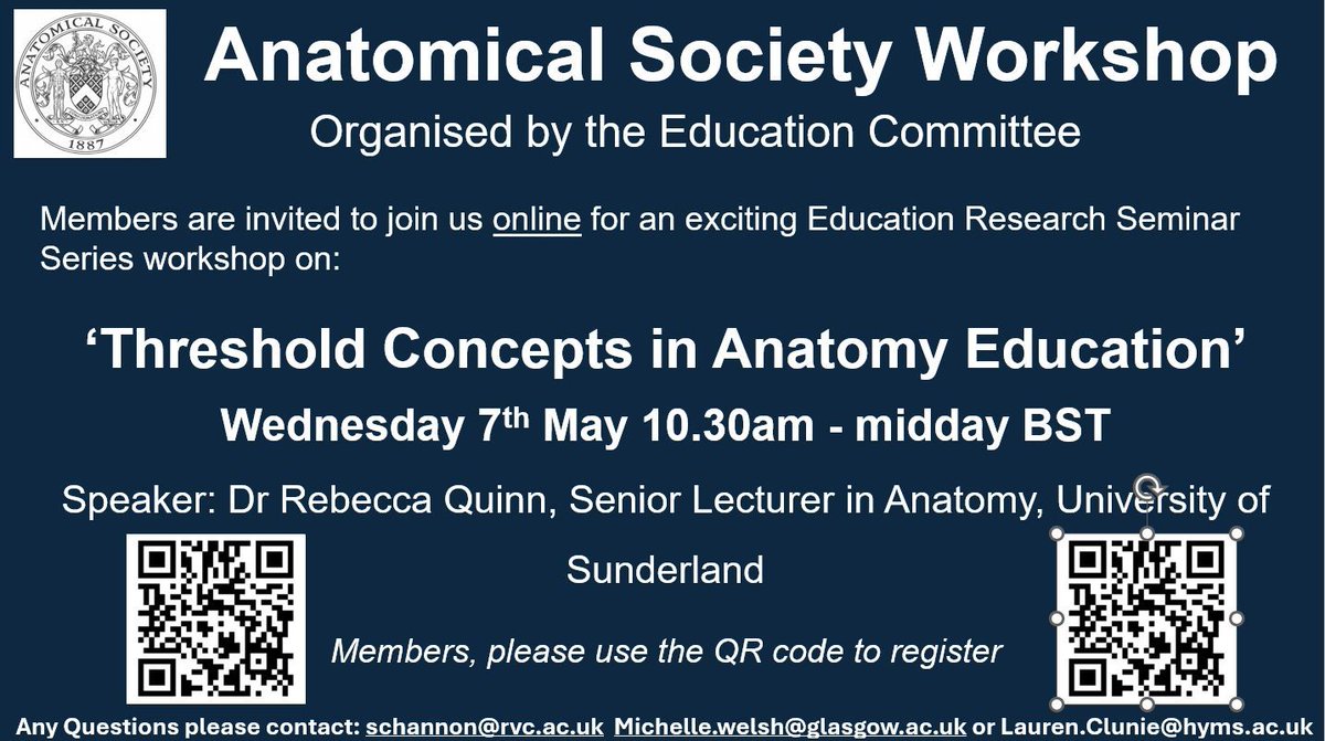 The Anatomical Society Education Committee are delighted to host Dr Rebecca Quinn, University of Sunderland, who will give an online workshop on 'Threshold Concepts in Anatomy Education' on Wednesday 7th May 10.30am - 12:00 BST. See poster for details.