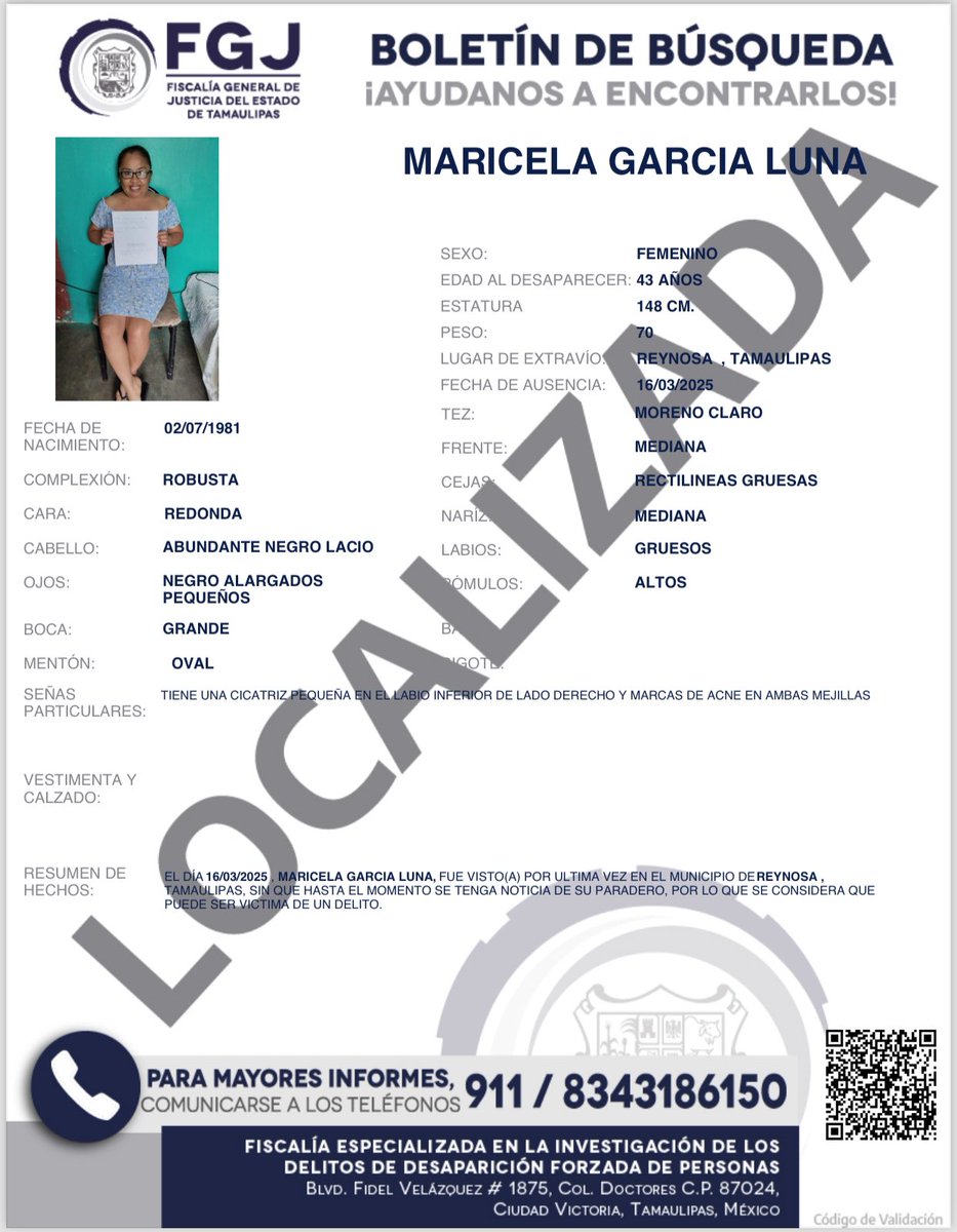 Se informa a la población que la Ciudadana MARICELA GARCIA LUNA, fue localizada en perfecto estado de salud, por lo que se desactiva el Protocolo Alba Tamaulipas.