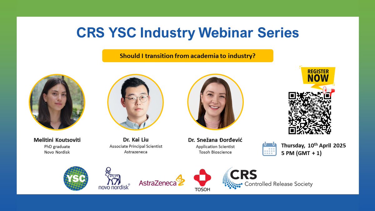 Young Scientist Committee YSC-CRS (@crs_ysc) on Twitter photo ๐ฌ #CRSYSCIndustryWebinar ๐ฌ
Young scientists! Thinking about transitioning from academia to industry? This is for you!
๐
April 10 | 5 PM (GMT+1)
๐ค Expert speakers from <a href="/novonordisk/">Novo Nordisk</a> , <a href="/AstraZeneca/">AstraZeneca</a> & <a href="/TosohBio/">Tosoh Bioscience - Separation & Purification</a>
๐ Register now: forms.gle/kPNFUHHFNRQ36Jโฆ
<a href="/CRSScience/">Controlled Release Society</a> ๐ฌ #CRSYSCIndustryWebinar ๐ฌ
Young scientists! Thinking about transitioning from academia to industry? This is for you!
๐
April 10 | 5 PM (GMT+1)
๐ค Expert speakers from <a href="/novonordisk/">Novo Nordisk</a> , <a href="/AstraZeneca/">AstraZeneca</a> & <a href="/TosohBio/">Tosoh Bioscience - Separation & Purification</a>
๐ Register now: forms.gle/kPNFUHHFNRQ36Jโฆ
<a href="/CRSScience/">Controlled Release Society</a>