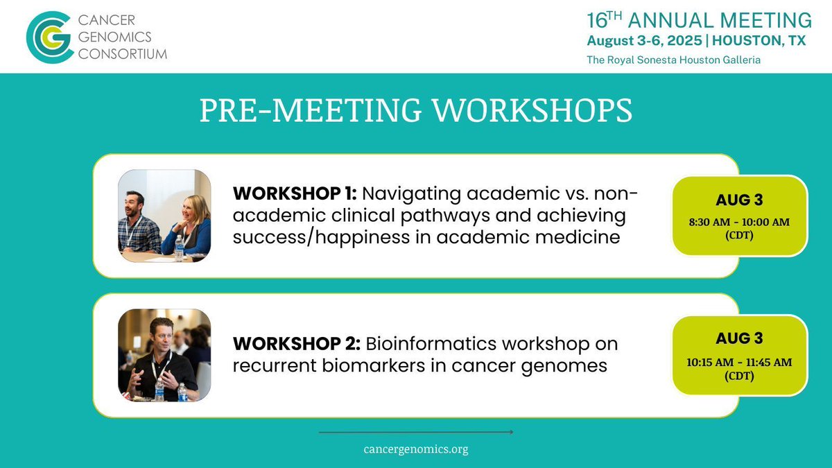 The CGC is excited to announce the CGC 2025 Pre-Meeting Workshops, offering a dynamic lineup of in-depth sessions designed to enhance knowledge, foster collaboration, and provide hands-on learning experiences. Learn more here: cancergenomics.org/meetings/2025_… 

#CGCAnnual2025 #genomics