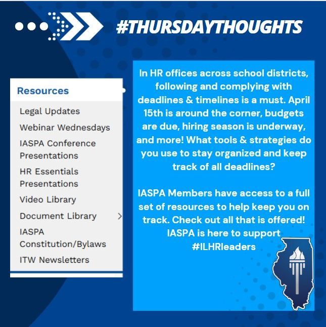 IASPA is here to support #ILHRleaders! There are so many deadlines ⏰ &amp; requirements 📝 to keep track of to ensure we're supporting our districts &amp; following guidelines. One of the best parts of IASPA is all of the resources available! Check it out: buff.ly/5LGRGAy