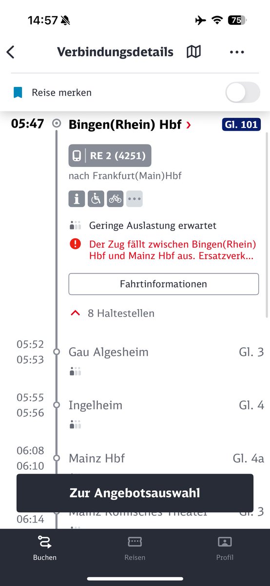 thomasrauh's tweet photo. @Regio_Mitte Hallo, Frage zum RE2 nach Frankfurt Hbf am 12.04. In der DB-App wird eine Baustelle zwischen Bingen und Mainz angezeigt inkl. SEV. Der Fahrtenverlauf zeigt dies aber nicht an, sondern das dieser Zug normal durchfährt. Was bitte stimmt jetzt? Danke! https://t.co/Hf6OYNFBL1