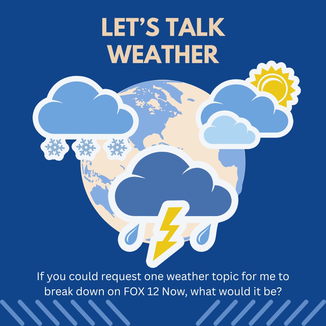 WeatherLadyKZ's tweet photo. I want to hear from you! 🌦️ I cover real-time weather on FOX 12 Now, but with quieter weather ahead, I want your ideas!
What weather topics should I break down when the forecast isn’t so active? Drop your suggestions! ⬇️
#LetsTalkWeather #Weather101 #WeatherLovers #WeatherGeek https://t.co/pTO5QKZZY7