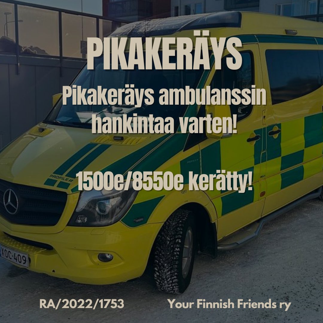 FinnishRy's tweet photo. PIKAKERÄYS AMBULANSSILLE

Saimme tarjouksen Mercedes Sprinter (2017) -ambulanssista hintaan 8 550 €. Auto on heti lähtövalmiina, mutta kassastamme puuttuu vielä 7 000 euroa. Loput varoistamme on sidottu lava-autohankintoihin.

1/2 https://t.co/5ZPz7OuYnc
