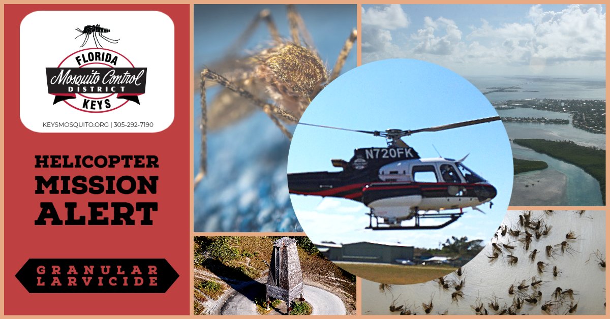 *THURSDAY AERIAL SCHEDULE*
FKMCD is applying GRANULAR LARVICIDE Thursday, 4/3/25, between 9:30 a.m. &amp; 1:00 p.m. over: Upper/Middle Key Largo. 
The FKMCD helicopter is dispersing granular Bti, a soil bacteria/larvicide that only affects mosquito larvae in water.