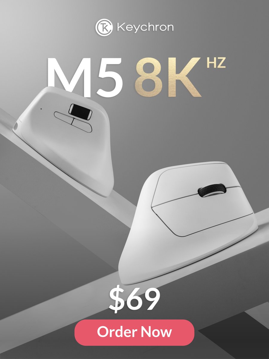 KeychronMK's tweet photo. The Keychron M5 8K wireless mouse is now live at $69! 
Engineered for ultimate control, it features 8K polling rate and Launcher web app support. With tri-mode connectivity and an ergonomic body design, it's versatile and built for peak performance. 🔗 https://t.co/l20LKLx1co https://t.co/SoISHY8BiT
